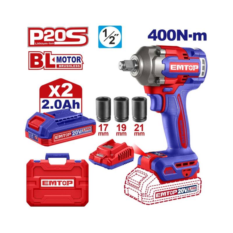 Pistola De Impacto 1/2 - 40 Kilos Con 2 Baterias Emtop
