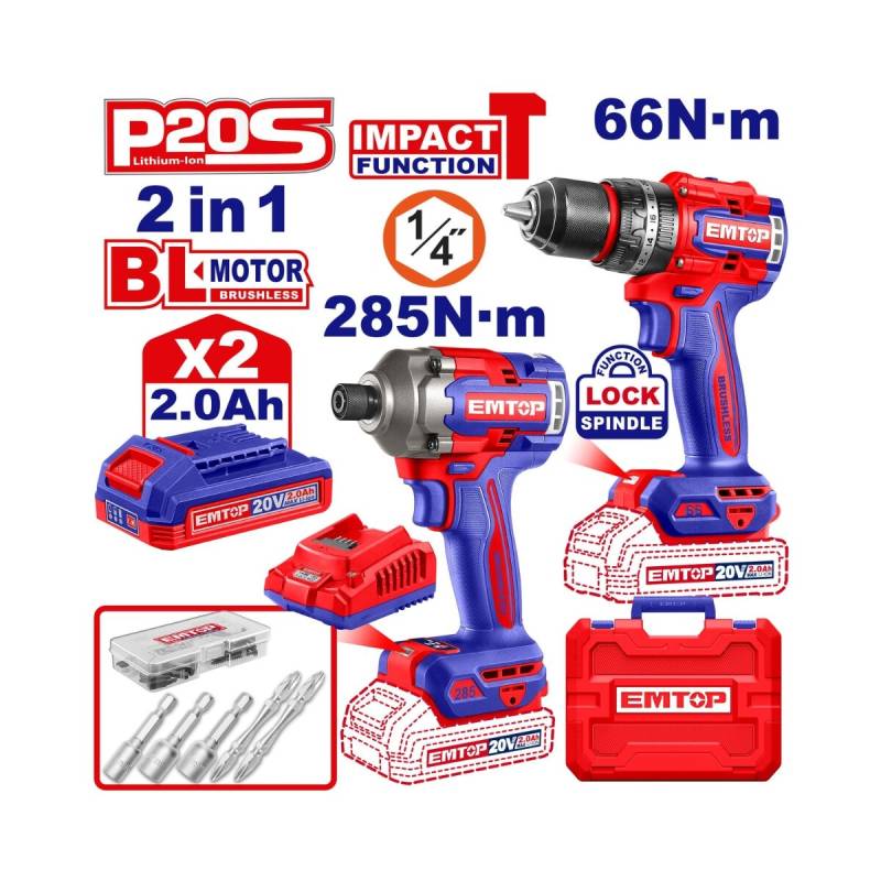 Set Taladro 66Nm Y Atornillador 285Nm Con Baterias Y Cargador