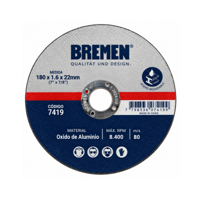 Discos De Corte 180X1.6 En Oxido De Aluminio Bremen (Pack X10)